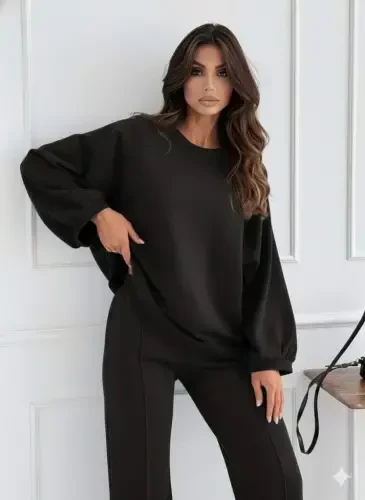 Women's Long Sleeve Oversized Modal Blouse And Pants Set - 2