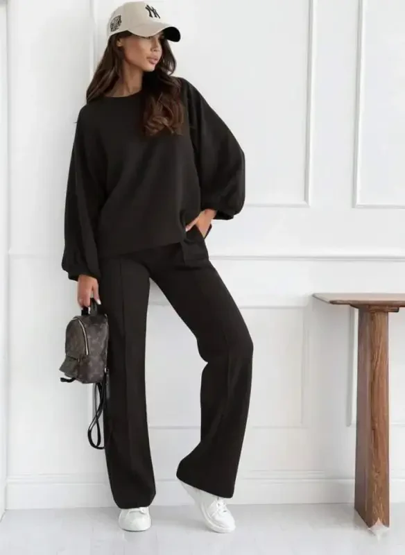 Women's Long Sleeve Oversized Modal Blouse And Pants Set - 3