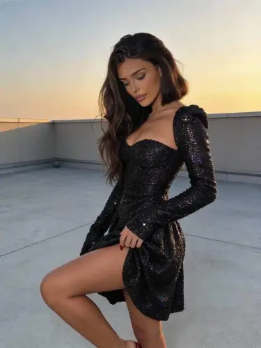 Women's Long Sleeve Pear Neck Sequin Embroidered Mini Night Dress - 4