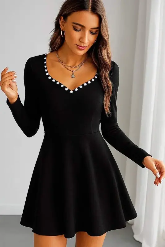 Women's Long Sleeve Pearl Collar Short Imported Crepe Dress - BÜYÜKBEDENIZ