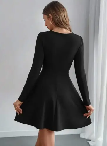 Women's Long Sleeve Pearl Collar Short Imported Crepe Dress - 2