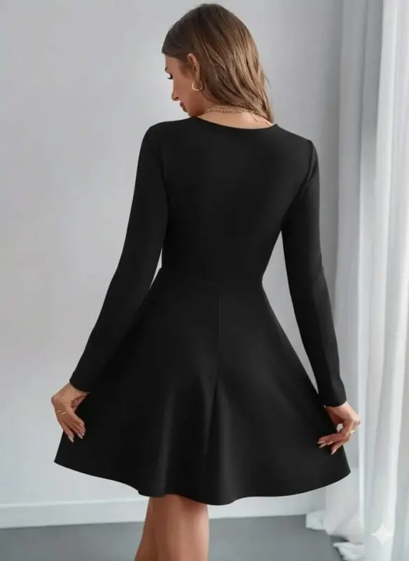 Women's Long Sleeve Pearl Collar Short Imported Crepe Dress - 2