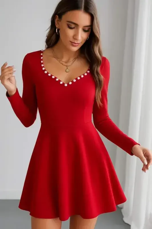 Women's Long Sleeve Pearl Collar Short Imported Crepe Dress - 3