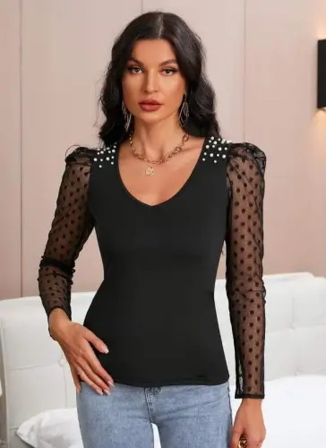 Women's Long Sleeve Pearl Detail Tulle Detail Viscose Blouse - 1