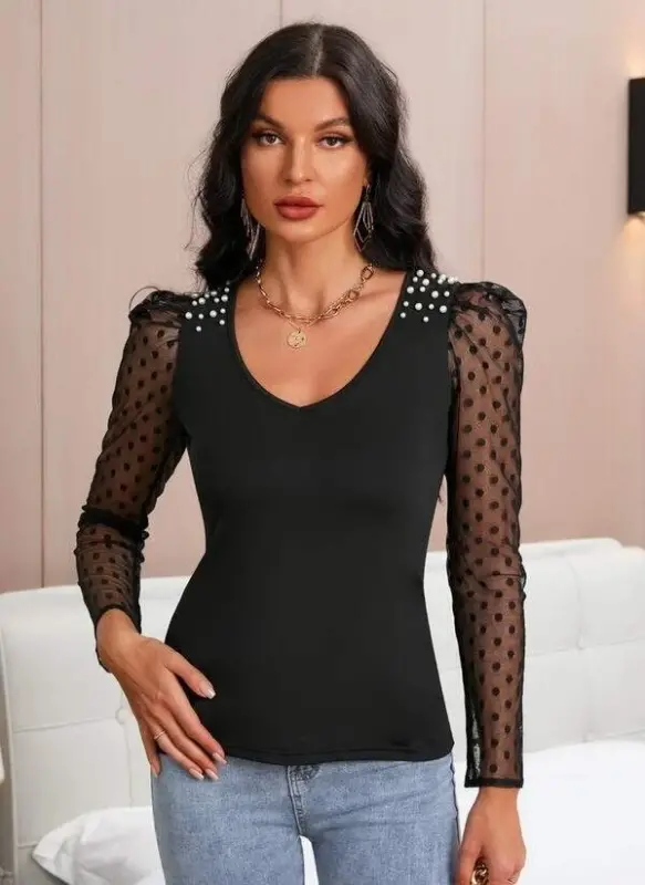 Women's Long Sleeve Pearl Detail Tulle Detail Viscose Blouse - 1