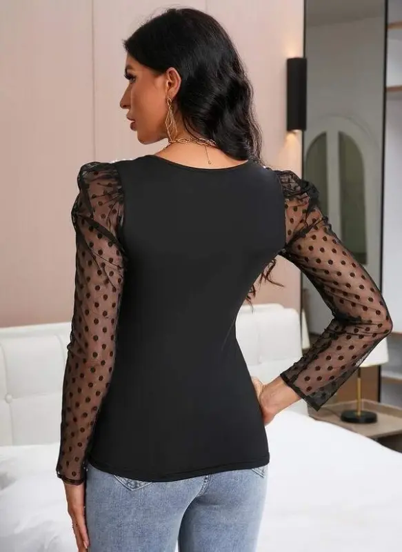 Women's Long Sleeve Pearl Detail Tulle Detail Viscose Blouse - 2