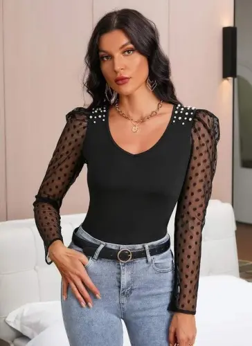 Women's Long Sleeve Pearl Detail Tulle Detail Viscose Blouse - 3