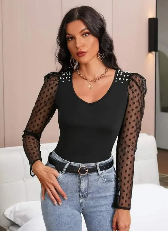 Women's Long Sleeve Pearl Detail Tulle Detail Viscose Blouse - 3