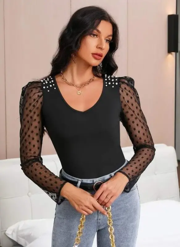 Women's Long Sleeve Pearl Detail Tulle Detail Viscose Blouse - 5