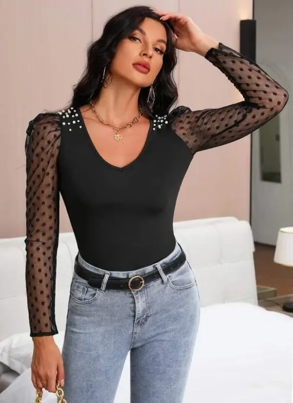 Women's Long Sleeve Pearl Detail Tulle Detail Viscose Blouse - 6