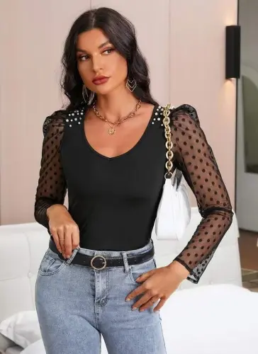 Women's Long Sleeve Pearl Detail Tulle Detail Viscose Blouse - 7