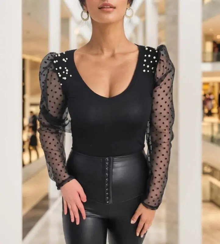 Women's Long Sleeve Pearl Detail Tulle Detail Viscose Blouse - 9