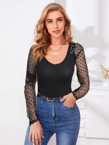 Women's Long Sleeve Pearl Detail Tulle Detail Viscose Blouse - 12