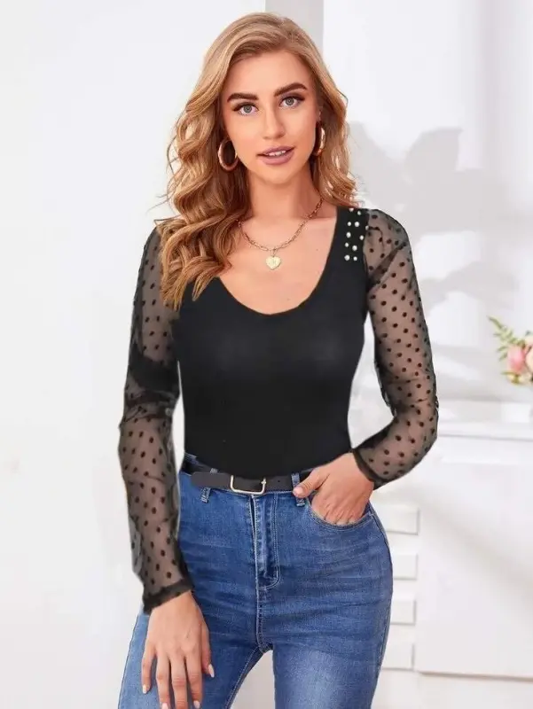 Women's Long Sleeve Pearl Detail Tulle Detail Viscose Blouse - 12