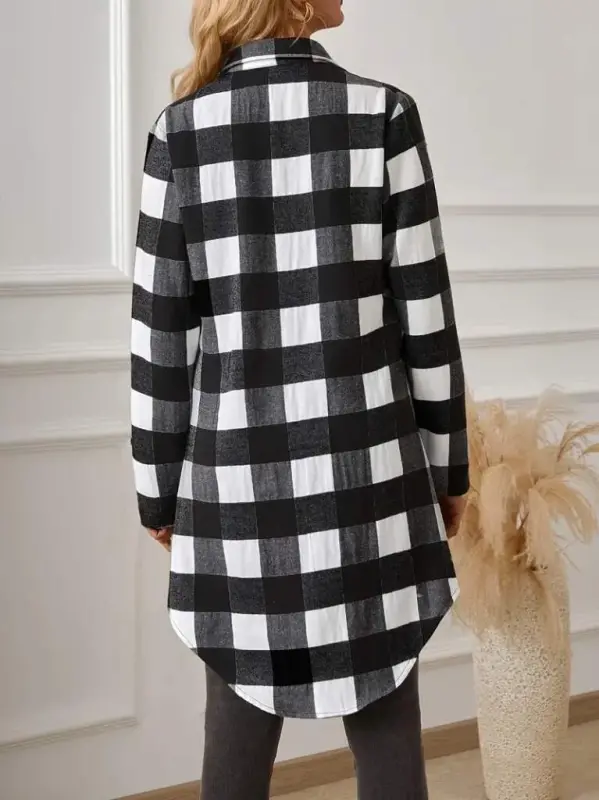 Women's Long Sleeve Plaid Front Button Woven Long Shirt - 4
