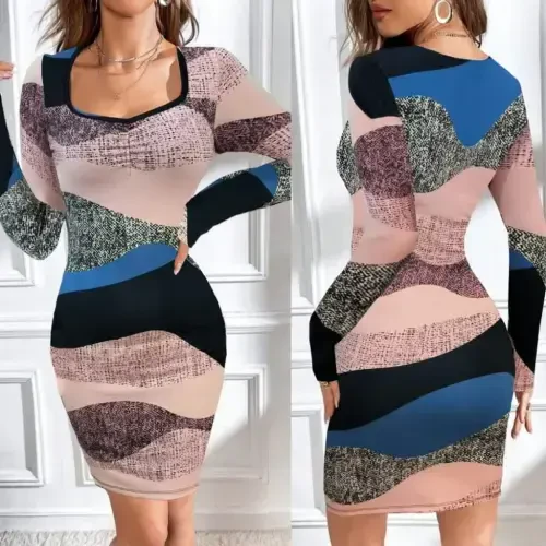 Women's Long Sleeve Plunge Detail Bodycon Mini Dress - 3