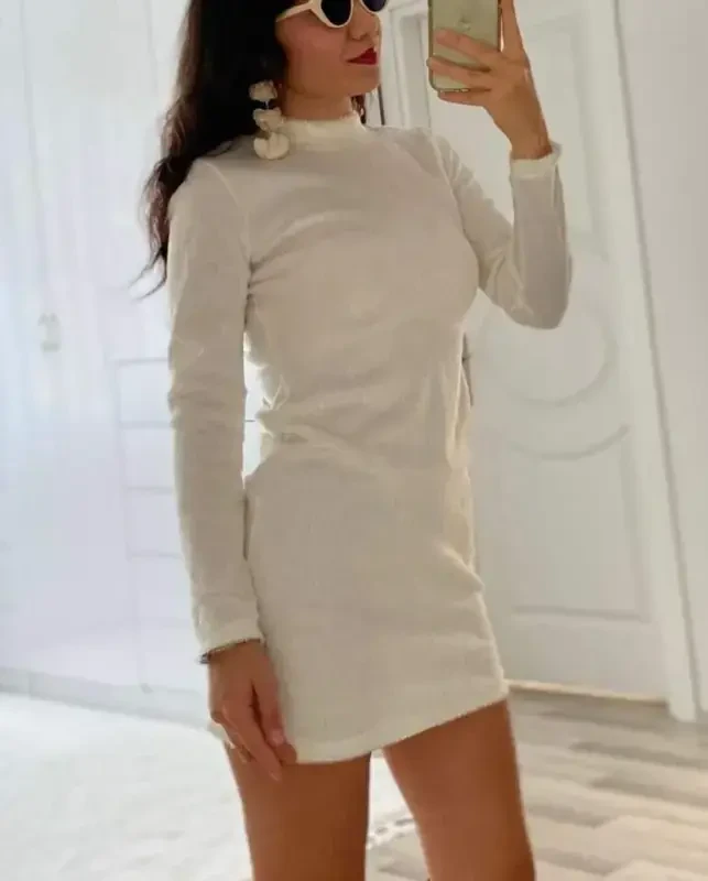Women's Long Sleeve Plush Mini Dress - 1
