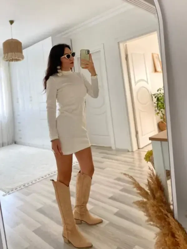 Women's Long Sleeve Plush Mini Dress - 4