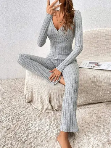 Women's Long Sleeve Plush Ribbed Knitwear Set - 3