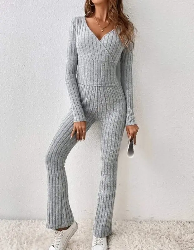 Women's Long Sleeve Plush Ribbed Knitwear Set - 7
