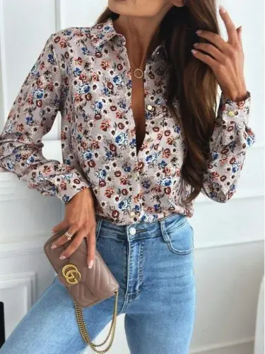 Women's Long Sleeve Pocket Detailed Floral Printed Mosscrepe Fabric Shirt - BÜYÜKBEDENIZ (1)