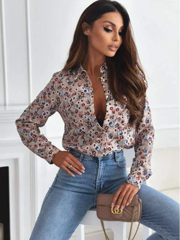Women's Long Sleeve Pocket Detailed Floral Printed Mosscrepe Fabric Shirt - 3