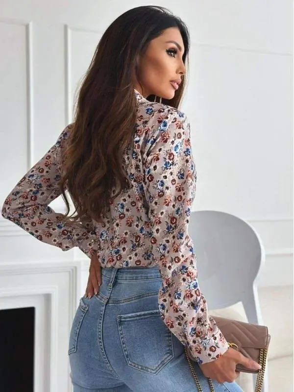 Women's Long Sleeve Pocket Detailed Floral Printed Mosscrepe Fabric Shirt - 5
