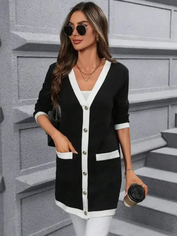 Women's Long Sleeve Pocketed Button-Front Long Modal Jacket - 1