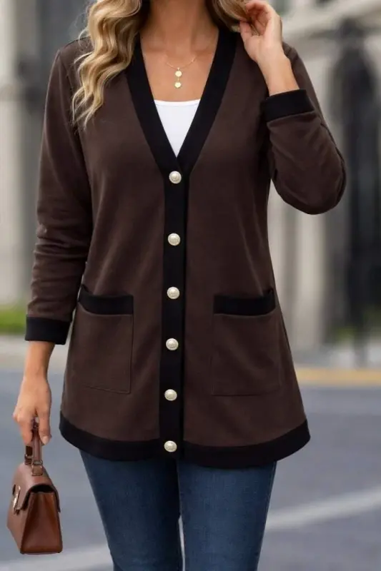 Women's Long Sleeve Pocketed Front Buttoned Long Modal Jacket - 1