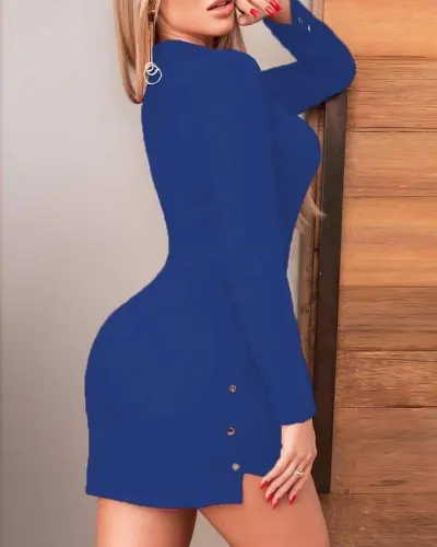 Women's Long Sleeve Polo Neck Front Snap Button Detail Scuba Crepe Mini Dress - BÜYÜKBEDENIZ (1)