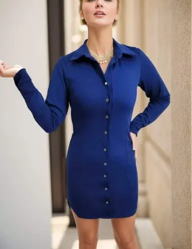Women's Long Sleeve Polo Neck Front Snap Button Detail Scuba Crepe Mini Dress - 5