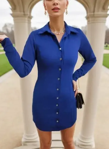 Women's Long Sleeve Polo Neck Front Snap Button Detail Scuba Crepe Mini Dress - 6