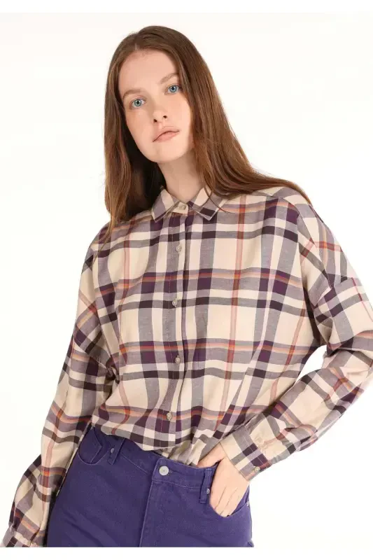 Women's long sleeve, regular fit, purple plaid shirt - COLIN’S
