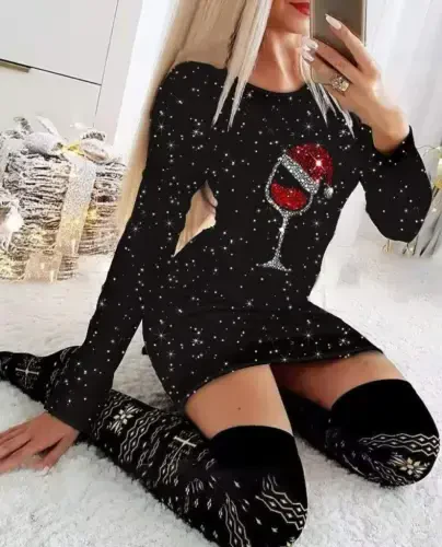 Women's Long Sleeve Rhinestone Goblet Print Plunge Mini Dress - 1