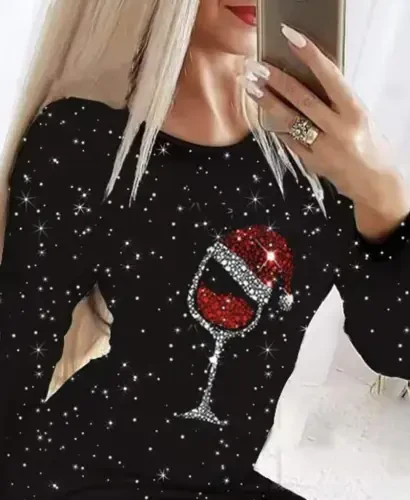 Women's Long Sleeve Rhinestone Goblet Print Plunge Mini Dress - 2