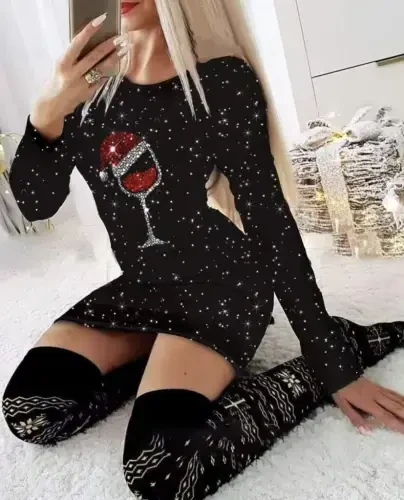 Women's Long Sleeve Rhinestone Goblet Print Plunge Mini Dress - 3