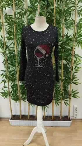 Women's Long Sleeve Rhinestone Goblet Print Plunge Mini Dress - 5