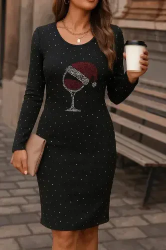 Women's Long Sleeve Rhinestone Goblet Print Plunge Mini Dress - 8