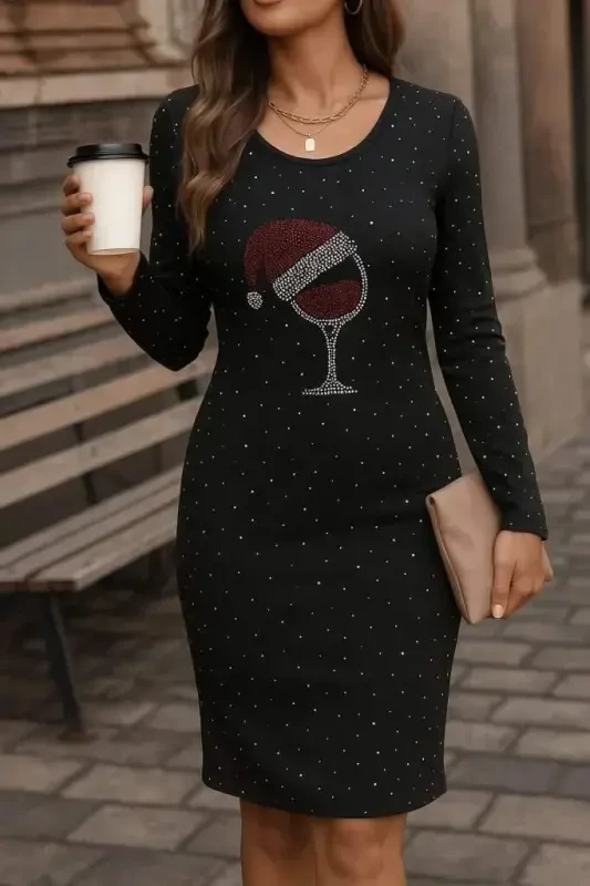 Women's Long Sleeve Rhinestone Goblet Print Plunge Mini Dress - 9