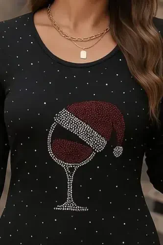 Women's Long Sleeve Rhinestone Goblet Print Plunge Mini Dress - 10