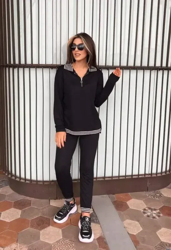 Women's Long Sleeve Ribbed and Zipper Detail Blouse and High Waist Pants 2-Piece Set - BÜYÜKBEDENIZ