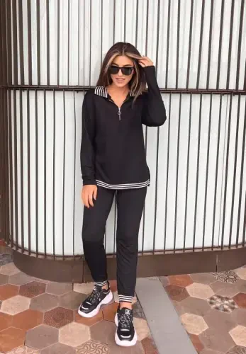 Women's Long Sleeve Ribbed and Zipper Detail Blouse and High Waist Pants 2-Piece Set - 3