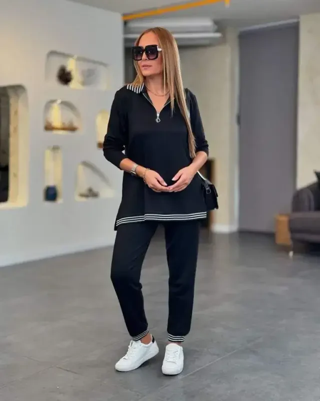 Women's Long Sleeve Ribbed and Zipper Detail Blouse and High Waist Pants 2-Piece Set - BÜYÜKBEDENIZ