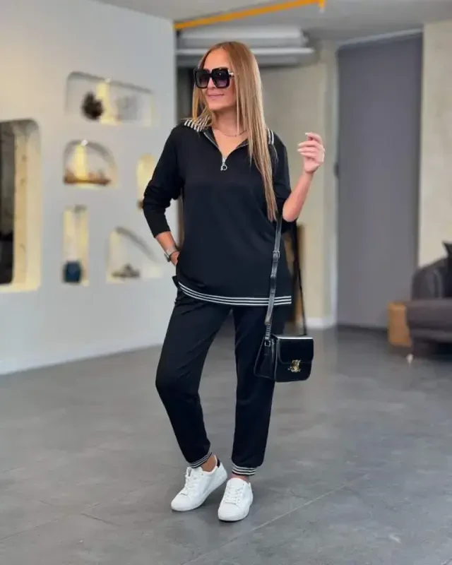 Women's Long Sleeve Ribbed and Zipper Detail Blouse and High Waist Pants 2-Piece Set - 2