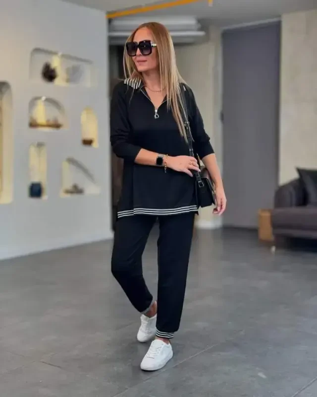 Women's Long Sleeve Ribbed and Zipper Detail Blouse and High Waist Pants 2-Piece Set - 3