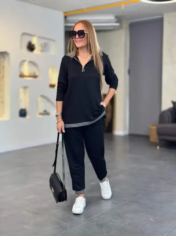 Women's Long Sleeve Ribbed and Zipper Detail Blouse and High Waist Pants 2-Piece Set - 4