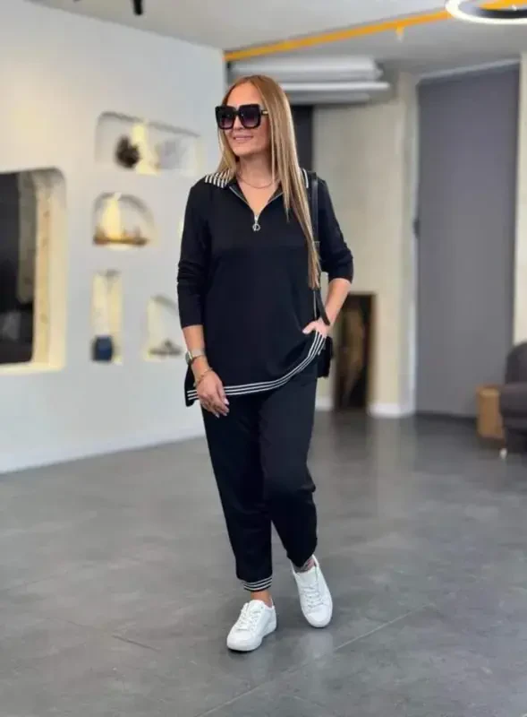 Women's Long Sleeve Ribbed and Zipper Detail Blouse and High Waist Pants 2-Piece Set - 6