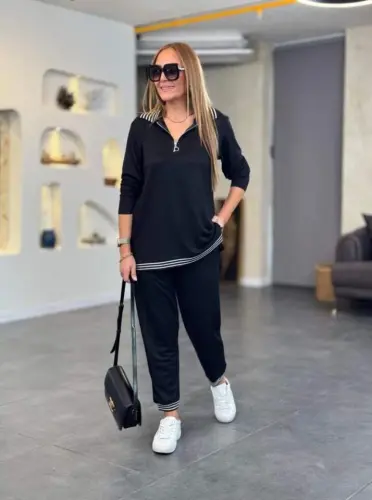 Women's Long Sleeve Ribbed and Zipper Detail Blouse and High Waist Pants 2-Piece Set - 4