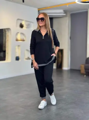Women's Long Sleeve Ribbed and Zipper Detail Blouse and High Waist Pants 2-Piece Set - 6