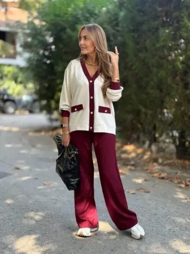 Women's Long Sleeve Ribbed Cardigan with Pocket Detail and Wide Leg Pants Set - BÜYÜKBEDENIZ (1)